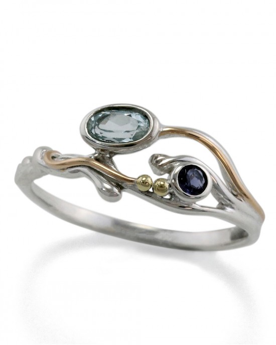 Flowing Silver Ring with Blue Topaz, Iolite & Gold Fill-RINGS Flowing Silver Ring with Blue Topaz, Iolite & Gold Fill