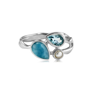 Blue Topaz, Larimar & Freshwater Pearl Silver Ring