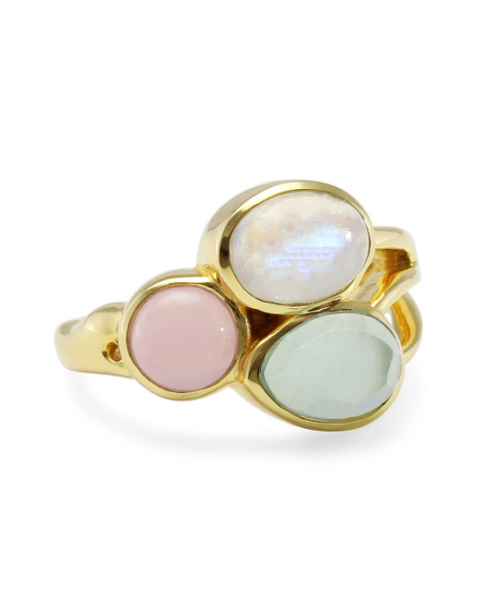 Moonstone, Rose and Aqua Chalcedony Gold Ring