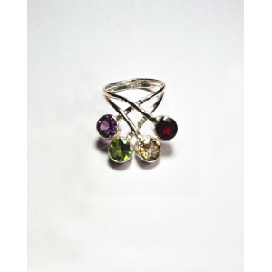 Amethyst, Garnet, Peridot, Lemon Topaz Crossover Silver Ring 