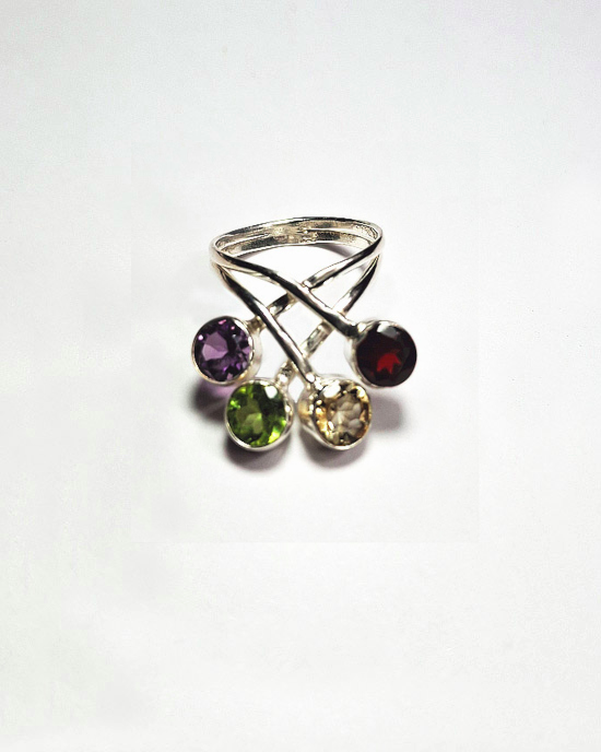 Amethyst, Garnet, Peridot, Lemon Topaz Crossover Silver Ring Amethyst, Garnet, Peridot, Lemon Topaz Crossover Silver Ring