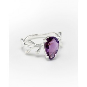Amethyst & Leaf Silver Ring