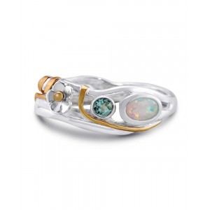 Silver Ring - Blue Topaz, Opalite with Flower Silver Ring - Blue Topaz, Opalite with Flower