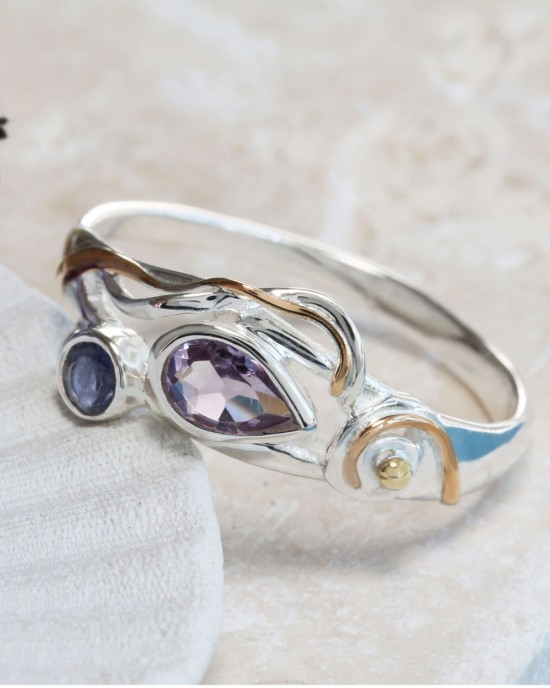Silver Ring with Faceted Teardrop Purple Amethyst & Iolite