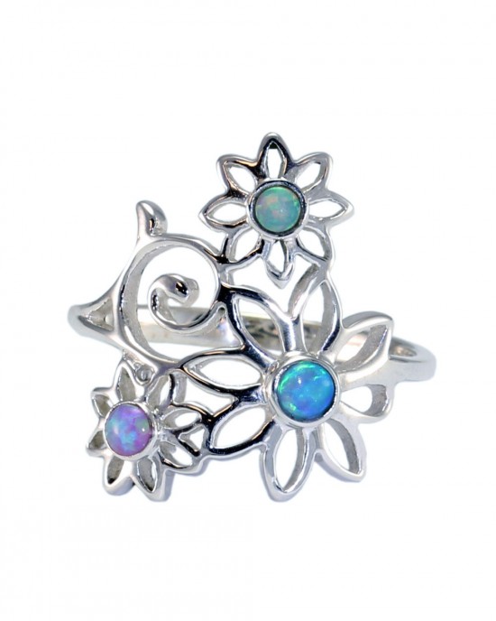 Silver Ring with a trio of Opalite Flowers-RINGS Silver Ring with a trio of Opalite Flowers