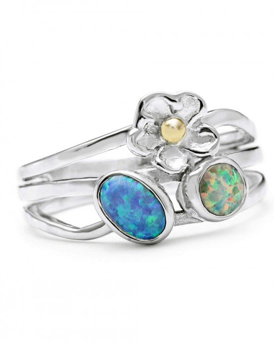 Silver Ring with Flower & Opalites-RINGS Silver Ring with Flower & Opalites