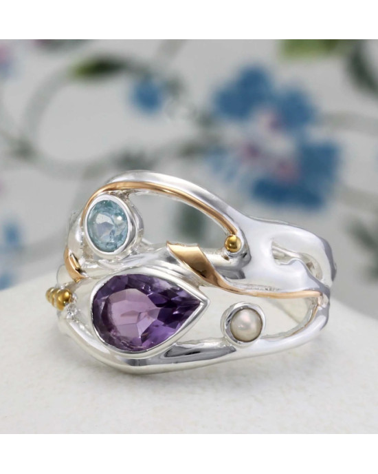 Teardrop Amethyst, Blue Topaz & Pearl Silver Ring-RINGS Teardrop Amethyst, Blue Topaz & Pearl Silver Ring