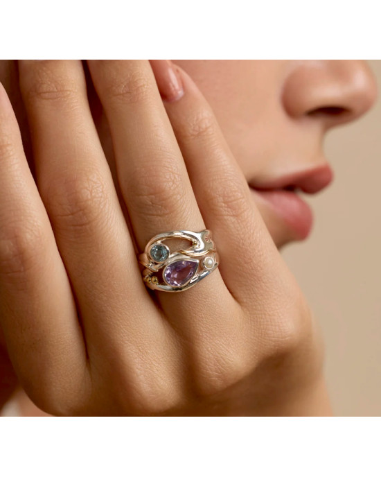 Teardrop Amethyst, Blue Topaz & Pearl Silver Ring-RINGS Teardrop Amethyst, Blue Topaz & Pearl Silver Ring