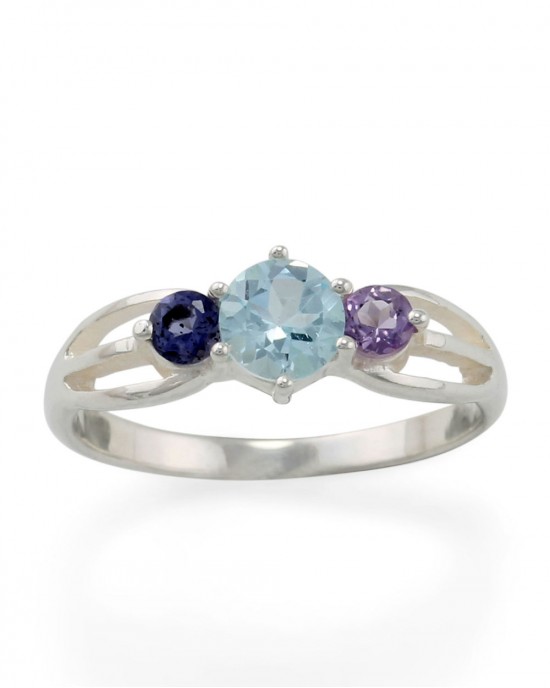 Silver Ring with Blue Topaz & Purple Amethysts-RINGS Silver Ring with Blue Topaz & Purple Amethysts