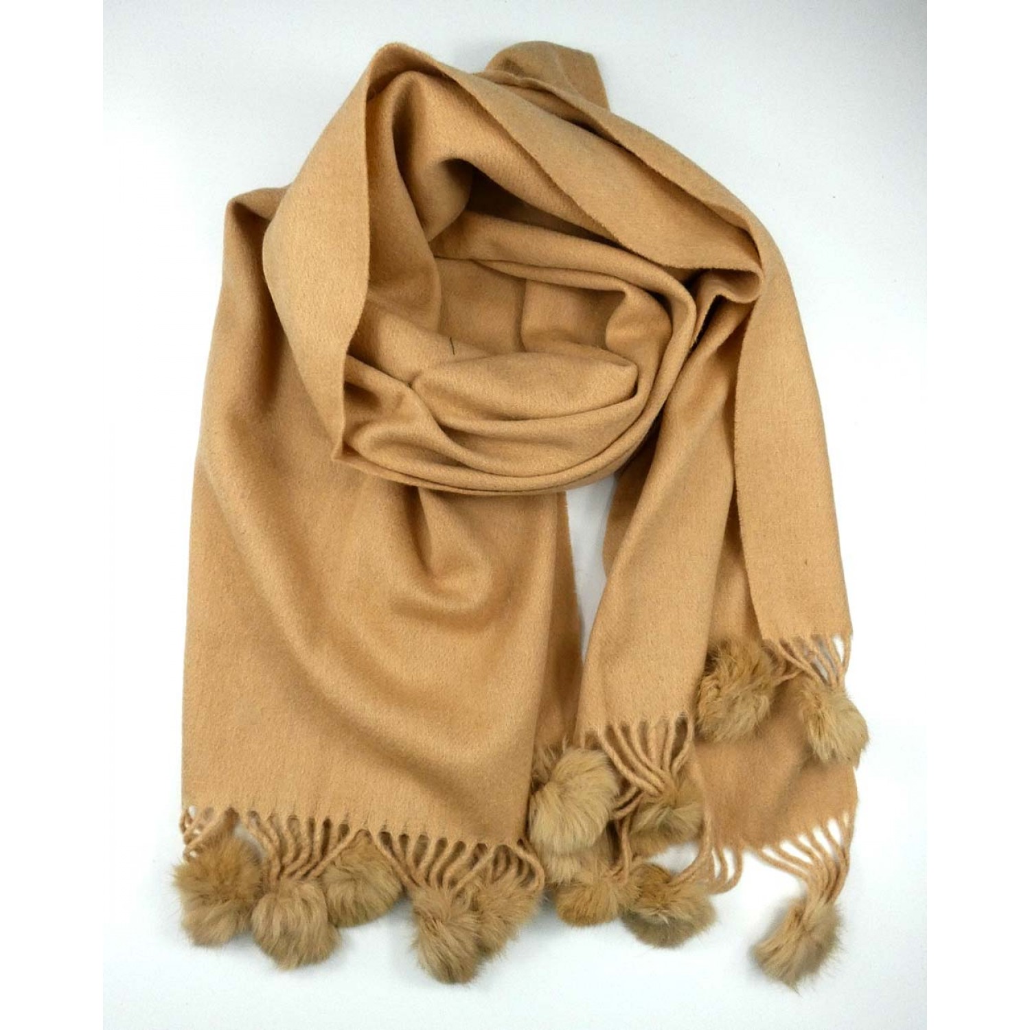 Caramel Wool Mix Scarf with Pompoms SCARVES, SHAWLS, PASHMINAS