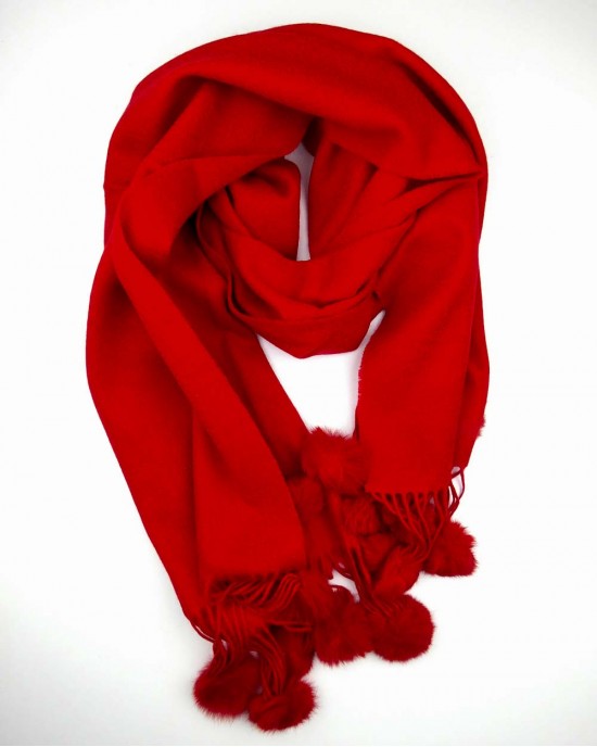 Crimson Red Wool Scarf with Pompoms WOOL CASHMERE