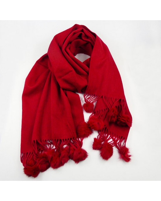 Dark Red Wool Scarf with Pompoms WOOL CASHMERE SCARVES