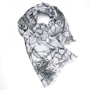 Owl Print Black on Silvery Blue Scarf