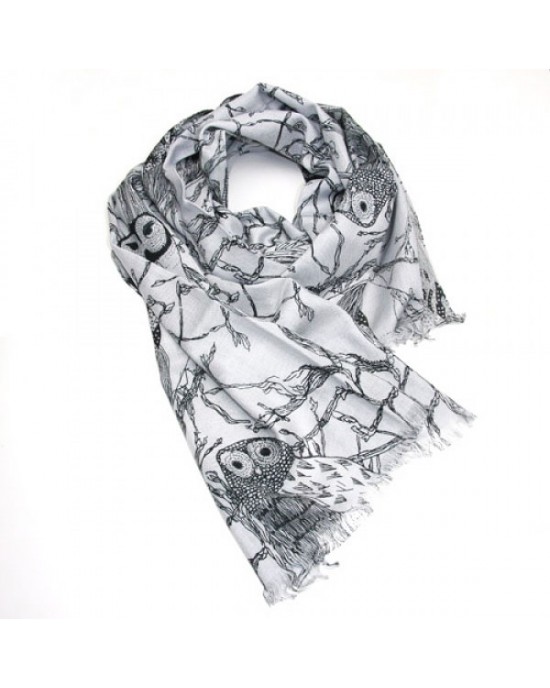 Owl Print Black on Silvery Blue Scarf-SCARVES, SHAWLS, PASHMINAS Owl Print Black on Silvery Blue Scarf