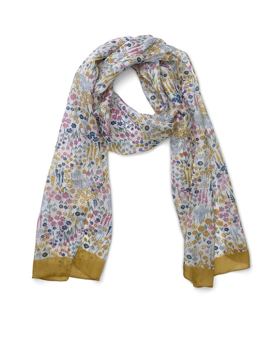 Printed Pure Silk Scarf, Eden Cream