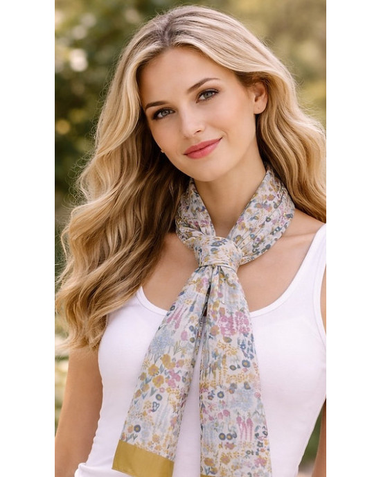 Printed Pure Silk Scarf, Eden Cream