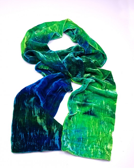 Multi Coloured Silk Velvet Scarf, Water-SCARVES, SHAWLS, PASHMINAS Multi Coloured Silk Velvet Scarf, Water